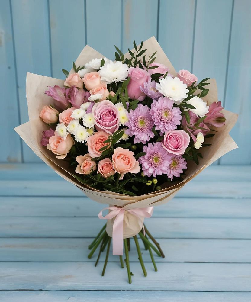 Букет цветов из: Хризантемы, Розы и Альстромерии в Смоляниново