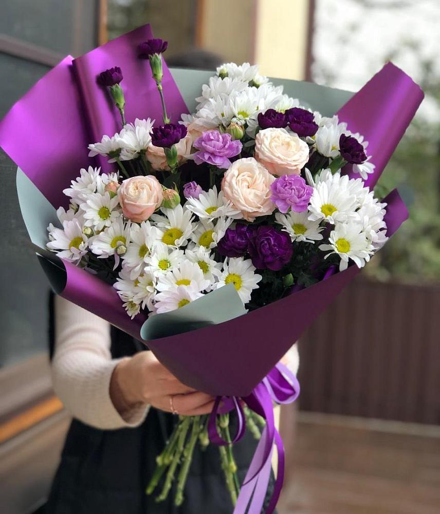 Букет цветов из: Хризантемы, Гвоздики и Розы в Смоляниново