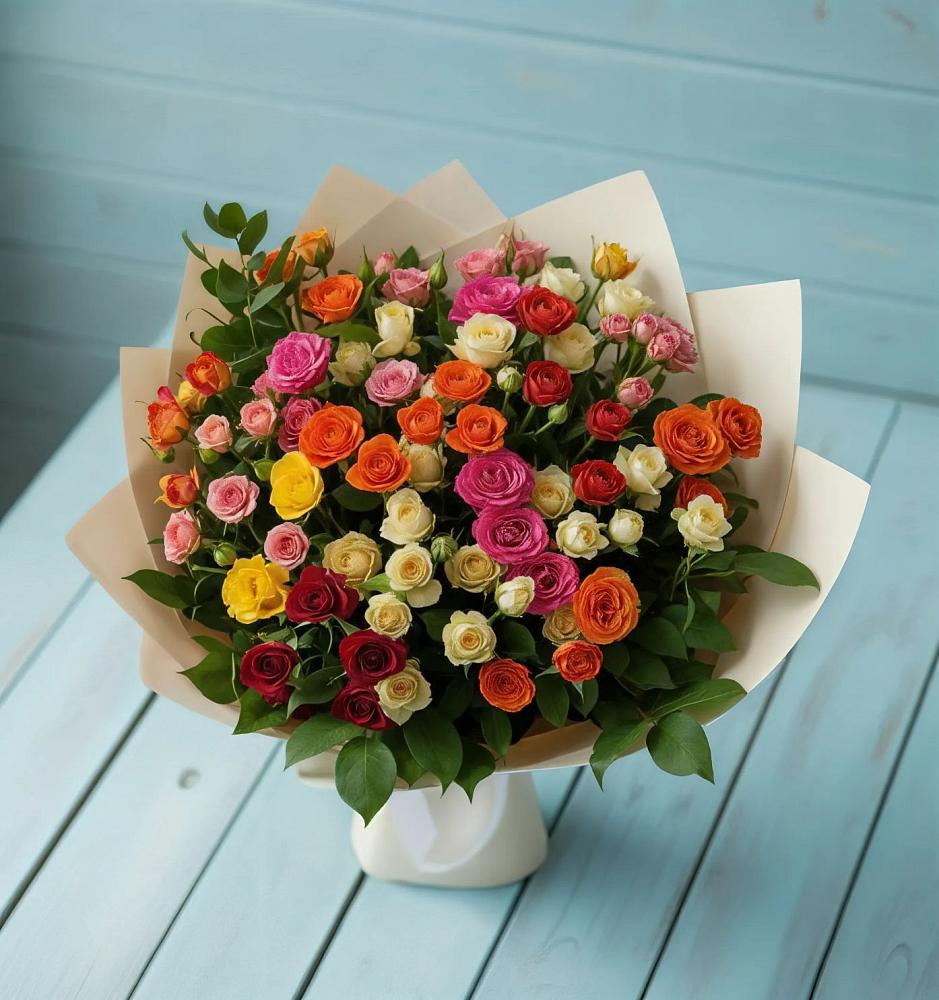 Букет Микс из разноцветных кустовых роз в Смоляниново