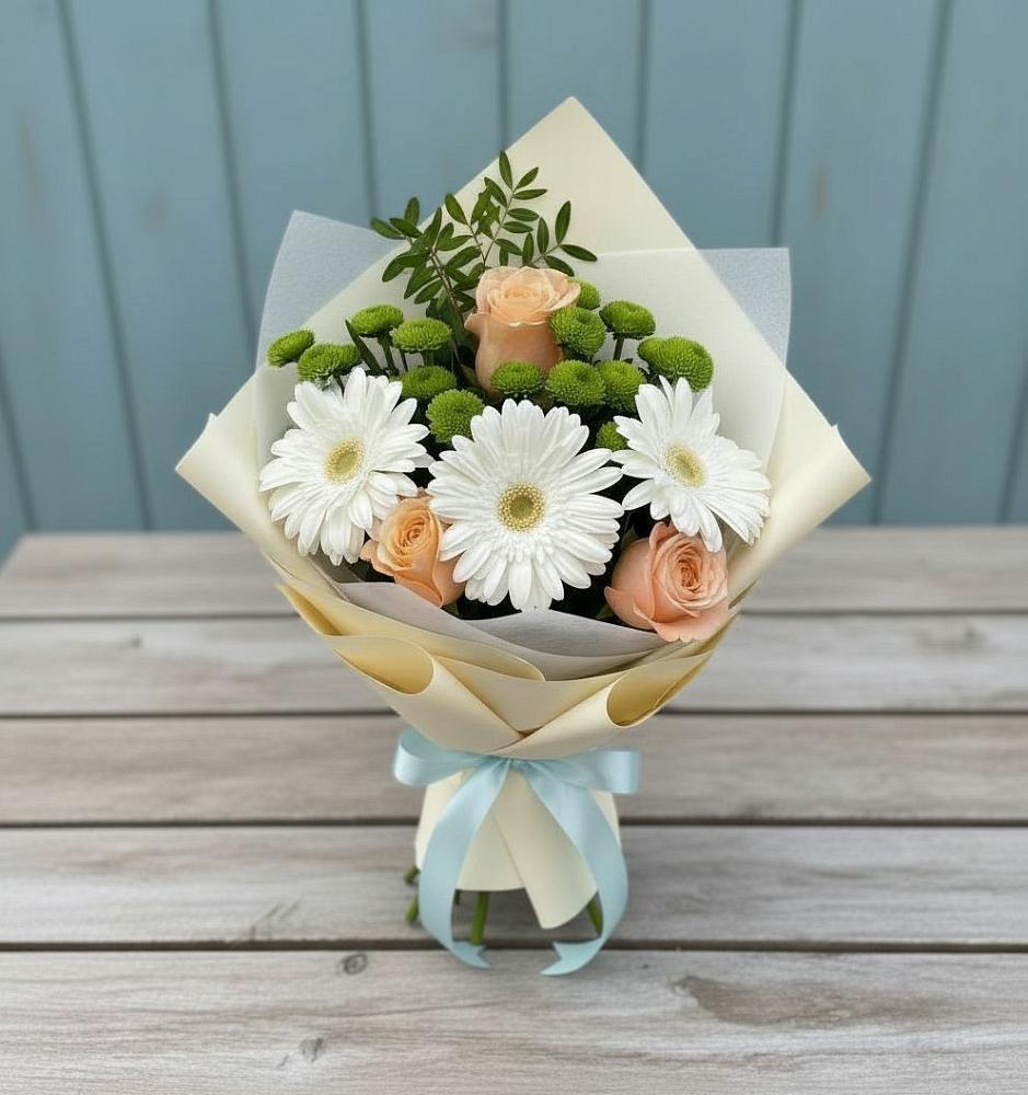 Букет цветов из: Герберы, Розы и Хризантемы в Смоляниново