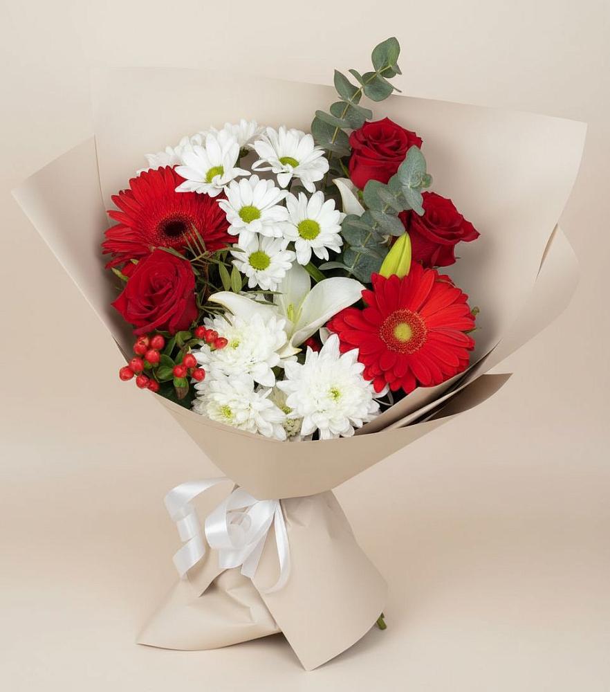 Букет цветов из: Розы, Хризантемы, Герберы и Лилии в Смоляниново