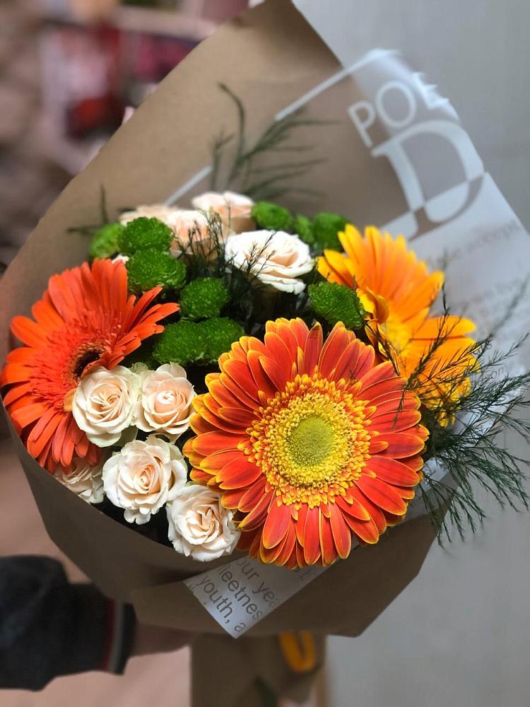 Букет цветов из: Герберы, Хризантемы и Розы в Смоляниново