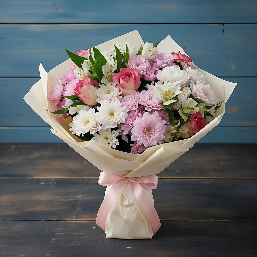 Букет цветов из: Хризантемы, Альстромерии и Розы в Смоляниново